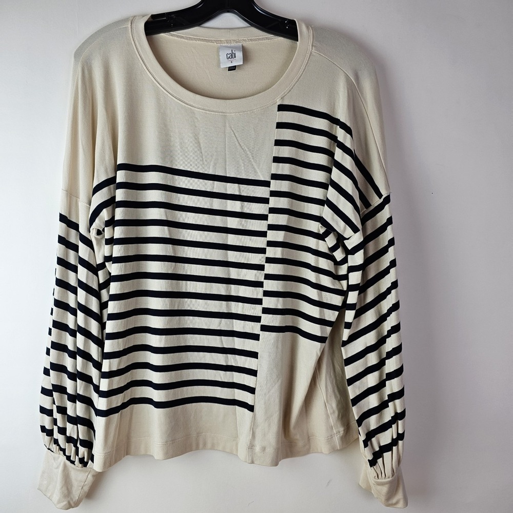 CABI Box Stripe Pullover Black Cream‎ Stretch Small Long Sleeve Shirt Top Casual